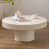 Elegant White Round Drum Coffee Table – Mid-Century Modern Design, Sturdy Circular Pedestal Base with Fluted Edges, Ideal for Living Room or Farmhouse Decor, Farmhouse Coffee Table|Minimalist Design|Sturdy Pedestal Base, Coffee Table for Living Room