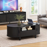 47.2 Inch Oval Coffee Table With Storage, Mid Century Modern Coffee Table With Drawer, Center Tables With Sliding Door And Wood Fluted Handle For Living Room, Walnut\u002FBlackNatural White