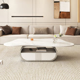 Modern Butterfly Coffee Table with Sintered Stone Top Oval Center Table with Storage Shelf & Drawer, Stainless Steel Base & MDF Cabinet