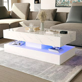 White LED Coffee Table with 2 Storage Drawers, Modern High Gloss Coffee Table w\u002F20 Colors LED Lights, 2 Tiers Rectangle Center Table for Living Room with Marbling Print, APP Control, Black