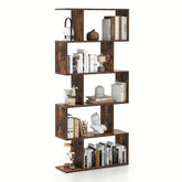 5-Tier Geometric S-Shaped Bookcase, Rustic Wooden Room Divider Storage Display Shelf, 62.5\