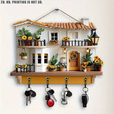 Rustic Pine Wood Flower Cottage Key Holder - Natural Material, 2D Flat Wall-Mounted Entryway Decor with Floral Cutouts & 4 Key Hooks, Cute Home Organization for Keys & Small Items, Decorative Detailing, Wall Mounted Organizer, Apartment Living, 2D Flat