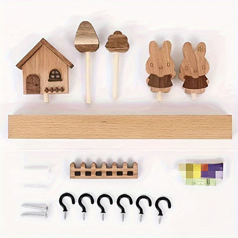 1pcs solid wood rabbit hook, solid wood key hook shelving, hanging key storage coat and hat hook