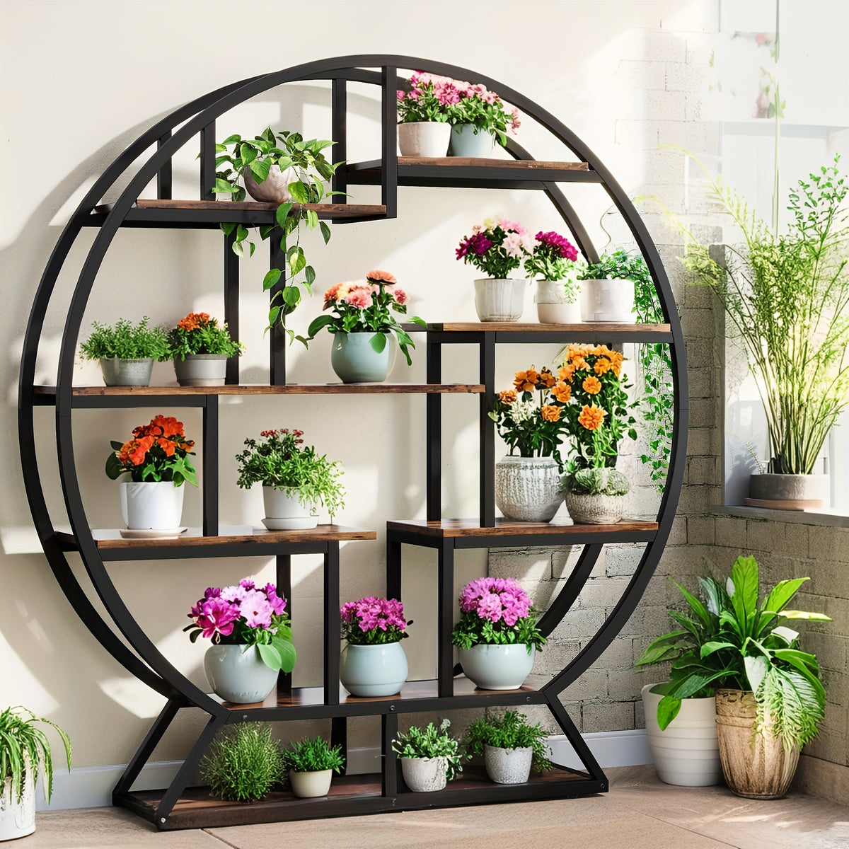 63-inch Industrial Wood Round Bookshelf, Rustic Open Shelving Organizer for Home Office, Living Room, Black