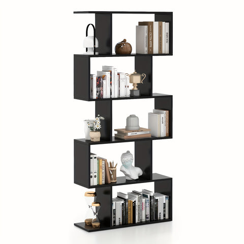 5-Tier Geometric S-Shaped Bookcase, Rustic Wooden Room Divider Storage Display Shelf, 62.5\