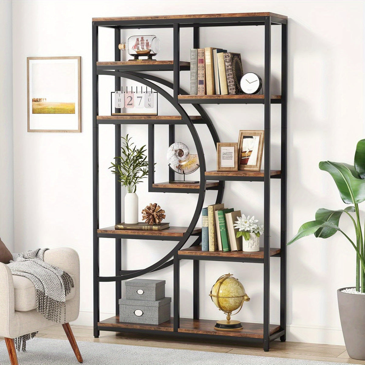 Industrial Bookshelf Tall 5 Tier Industrial Bookshelf - Freestanding Display Shelf Storage Organizer with 9-Open Storage Shelf for Living Room, Bedroom, Standing Shelf