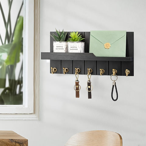 1pc Wall Mounted Wooden Key Rack with 7 Key Hooks Wall Mounted Storage Rack, Entry Key Rack Shelf, Mail Decorations Sundries Multi-Purpose Storage Organizer, Home Design Shelf for Family Room Wall Decoration