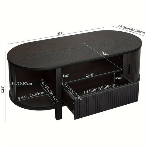 47.2 Inch Oval Coffee Table With Storage, Mid Century Modern Coffee Table With Drawer, Center Tables With Sliding Door And Wood Fluted Handle For Living Room, Walnut\u002FBlackNatural White