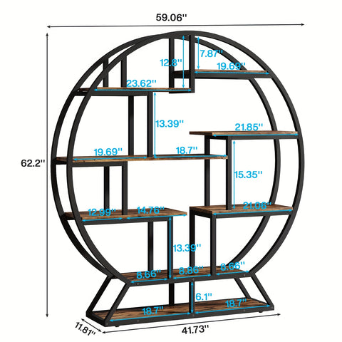 Bookcase Round 8 Tier Bookshelf Open Freestanding Storage Shelf Metal And Wood Plant Stand, Display Stand For Living Room Home Office Entryway Bedroom
