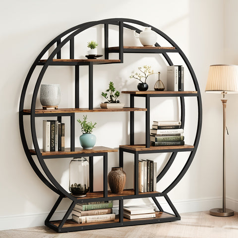 Bookcase Round 8 Tier Bookshelf Open Freestanding Storage Shelf Metal And Wood Plant Stand, Display Stand For Living Room Home Office Entryway Bedroom