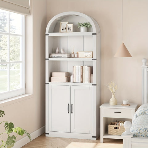Farmhouse Cabinet with Shelves Bookcase with Doors Arched Bookshelf 71.65 Inch High Bookcase for Home Office, Living Room