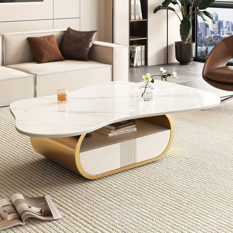 Modern Butterfly Coffee Table with Sintered Stone Top Oval Center Table with Storage Shelf & Drawer, Stainless Steel Base & MDF Cabinet