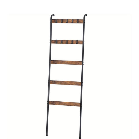 Blanket Ladder, 5 Tier Blanket Holder with 10 Removable Hooks, Farmhouse Style Blanket Ladder for Living Room Bathroom, Decorative Wall Mounted Wooden Quilt Standing Towel Drying Storage Rack