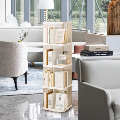 SYNCVIBE Rotating Bookshelf, Small Corner Bookshelf For Small Space, 360 Display 4 Tier Floor Standing Bookcase, Plastic Narrow Book Shelf Organizer For Bedroom, Living Room, White