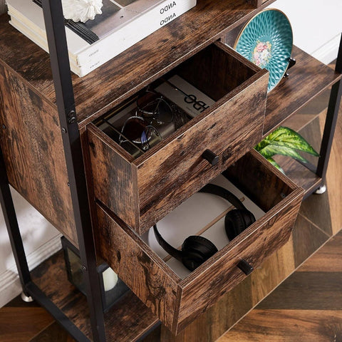 5 - Tier Bookshelf, Bookcase with 2 Storage Drawers and 1 Cabinet, Wooden Shelf with Metal Frame Open Book Shelves Standing Shelf Unit Living Room, Bedroom, Office