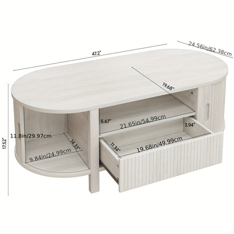 47.2 Inch Oval Coffee Table With Storage, Mid Century Modern Coffee Table With Drawer, Center Tables With Sliding Door And Wood Fluted Handle For Living Room, Walnut\u002FBlackNatural White