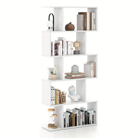 5-Tier Geometric S-Shaped Bookcase, Rustic Wooden Room Divider Storage Display Shelf, 62.5\