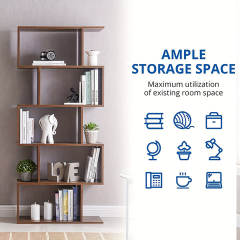 Aurorome 5-Tier Wooden Geometric S-Shaped Bookcase, Set Of 2 Storage Rack with Open Shelves, Shelving for Plant Album, Trinket Display, Spacious Storage Display Shelf - 62.5\