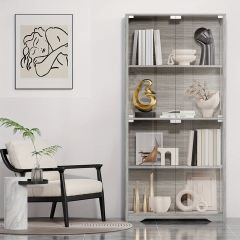 Antique Display Cabinet Antique Display Cabinet with Glass Door, 3-Color Light, 4-Layer Bookshelf - Suitable for Collectors, Game Room, Bedroom, Study