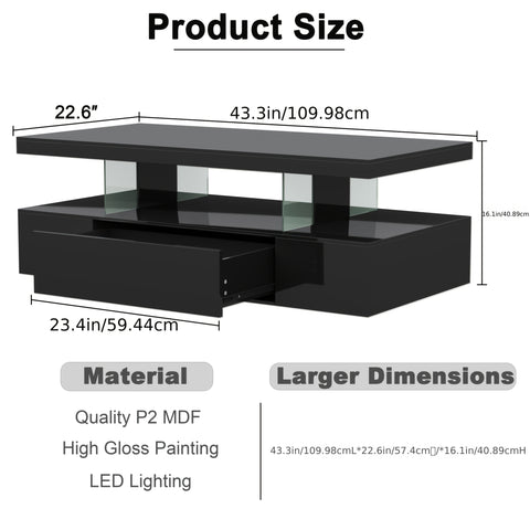 Modern LED Coffee Table With Adjustable Lighting - High-Gloss, Durable Wooden Centerpiece For Living Room & Bedroom, Easy Assembly, Space-Saving Design With Open Storage And Sliding Drawer Coffee Table For Living Room