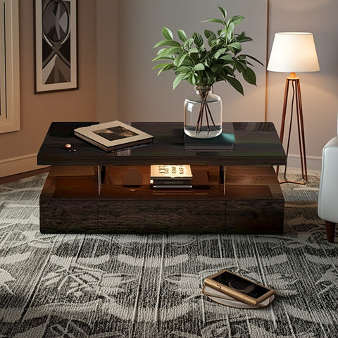 Modern LED Coffee Table With Adjustable Lighting - High-Gloss, Durable Wooden Centerpiece For Living Room & Bedroom, Easy Assembly, Space-Saving Design With Open Storage And Sliding Drawer Coffee Table For Living Room