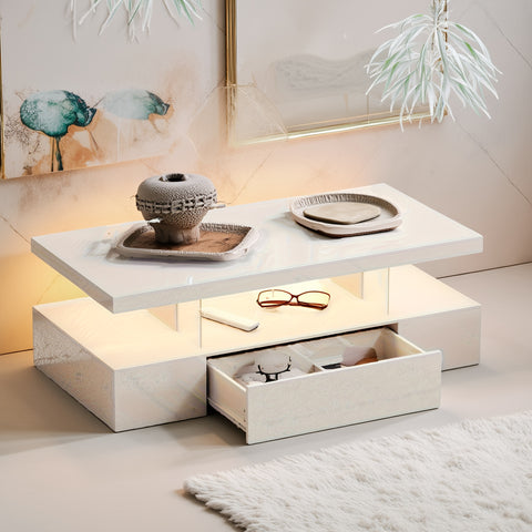 Modern LED Coffee Table With Adjustable Lighting - High-Gloss, Durable Wooden Centerpiece For Living Room & Bedroom, Easy Assembly, Space-Saving Design With Open Storage And Sliding Drawer Coffee Table For Living Room