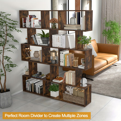5-Tier Geometric S-Shaped Bookcase, Rustic Wooden Room Divider Storage Display Shelf, 62.5\