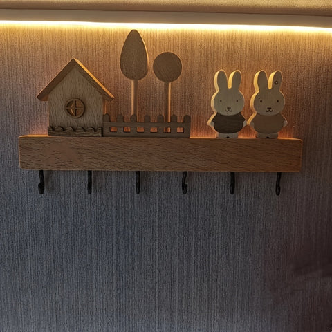1pcs solid wood rabbit hook, solid wood key hook shelving, hanging key storage coat and hat hook