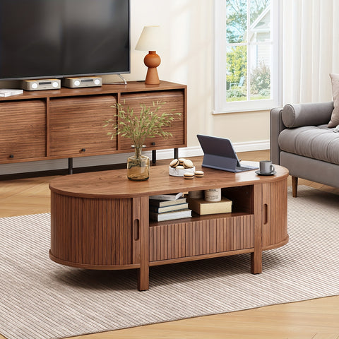 47.2 Inch Oval Coffee Table With Storage, Mid Century Modern Coffee Table With Drawer, Center Tables With Sliding Door And Wood Fluted Handle For Living Room, Walnut\u002FBlackNatural White