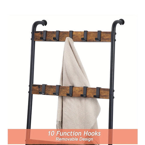 Blanket Ladder, 5 Tier Blanket Holder with 10 Removable Hooks, Farmhouse Style Blanket Ladder for Living Room Bathroom, Decorative Wall Mounted Wooden Quilt Standing Towel Drying Storage Rack