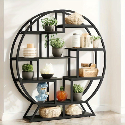 63-inch Industrial Wood Round Bookshelf, Rustic Open Shelving Organizer for Home Office, Living Room, Black