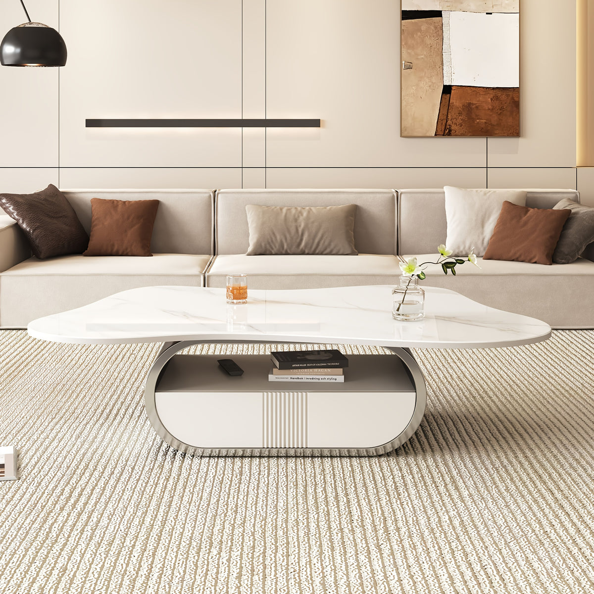 Modern Butterfly Coffee Table with Sintered Stone Top Oval Center Table with Storage Shelf & Drawer, Stainless Steel Base & MDF Cabinet