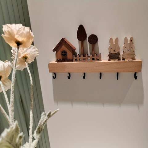 1pcs solid wood rabbit hook, solid wood key hook shelving, hanging key storage coat and hat hook