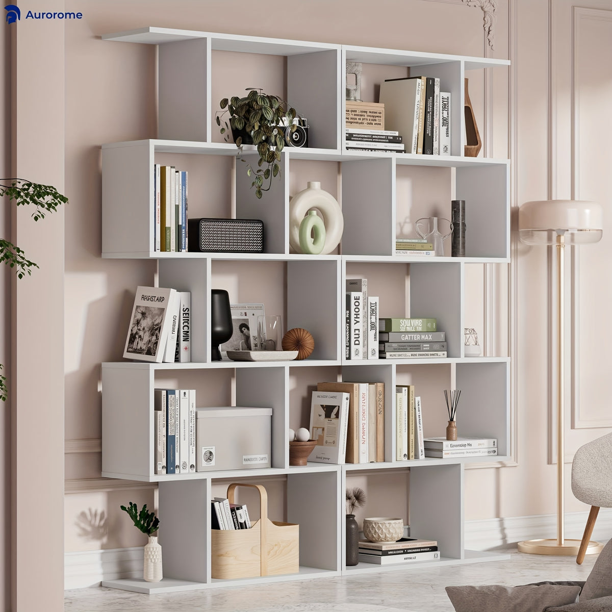 Aurorome 5-Tier Wooden Geometric S-Shaped Bookcase, Set Of 2 Storage Rack with Open Shelves, Shelving for Plant Album, Trinket Display, Spacious Storage Display Shelf - 62.5\