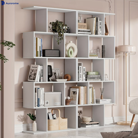 Aurorome 5-Tier Wooden Geometric S-Shaped Bookcase, Set Of 2 Storage Rack with Open Shelves, Shelving for Plant Album, Trinket Display, Spacious Storage Display Shelf - 62.5\