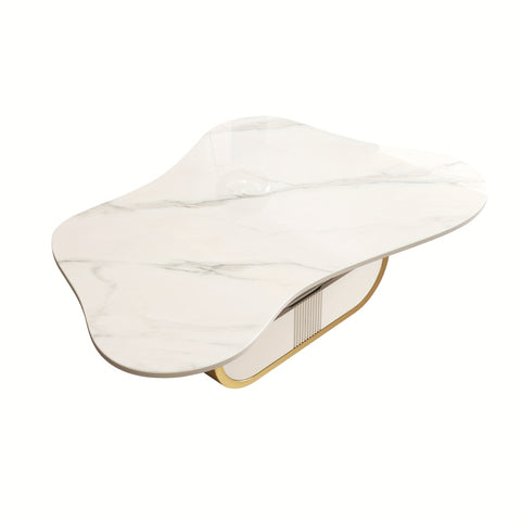 Modern Butterfly Coffee Table with Sintered Stone Top Oval Center Table with Storage Shelf & Drawer, Stainless Steel Base & MDF Cabinet