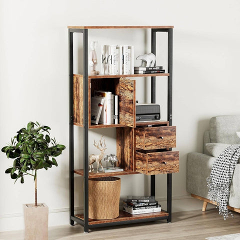 5 - Tier Bookshelf, Bookcase with 2 Storage Drawers and 1 Cabinet, Wooden Shelf with Metal Frame Open Book Shelves Standing Shelf Unit Living Room, Bedroom, Office