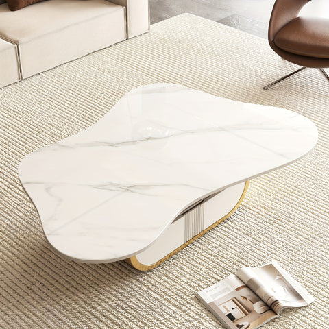 Modern Butterfly Coffee Table with Sintered Stone Top Oval Center Table with Storage Shelf & Drawer, Stainless Steel Base & MDF Cabinet