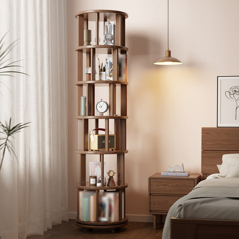 Furniture For Home Solid Wood Rotating Bookshelf With Brake Wheels In Classic Walnut, 360° Display 6 Tier Stackable Spinning Bookshelf Tower, Revolving Bookcase For Small Space Free Shipping