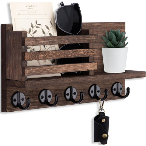 Wooden Wall Key Holder Decorative Wooden Wall Key Holder with 5 Metal Key Hooks - Paulownia Wood, Mounting Hardware and Installation Guide
