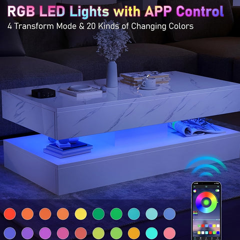 White LED Coffee Table with 2 Storage Drawers, Modern High Gloss Coffee Table w\u002F20 Colors LED Lights, 2 Tiers Rectangle Center Table for Living Room with Marbling Print, APP Control, Black