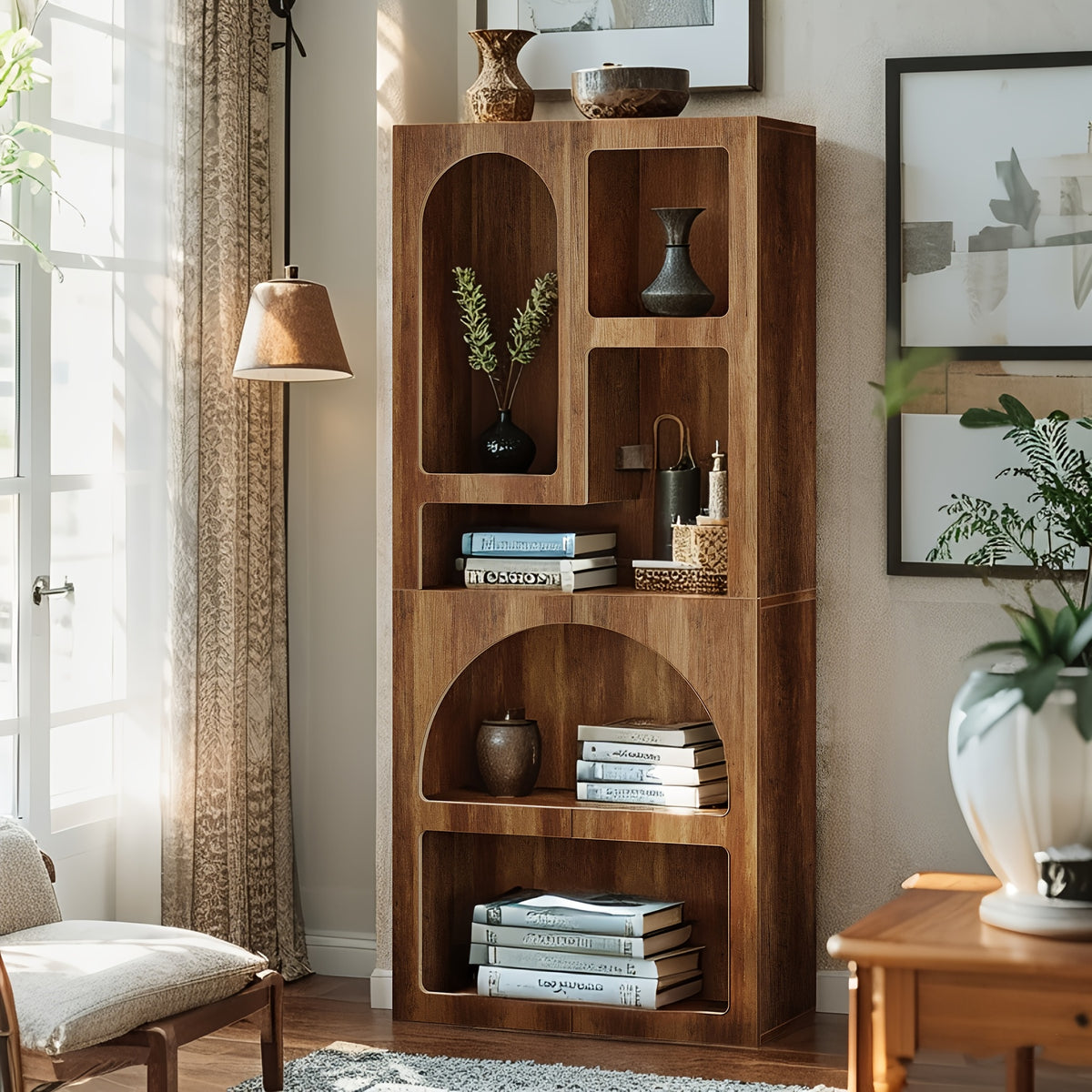 Tall Arched Bookshelf, 5 Tiers Arch Bookcase With Storage, Modern Farmhouse Book Shelf, Wood Bookshelf W\u002FOpen Display Shelves For Living Room, Office