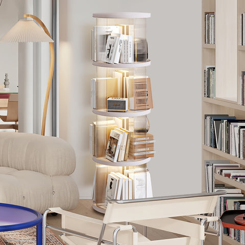 SYNCVIBE Rotating Bookshelf, Small Corner Bookshelf For Small Space, 360 Display 4 Tier Floor Standing Bookcase, Plastic Narrow Book Shelf Organizer For Bedroom, Living Room, White