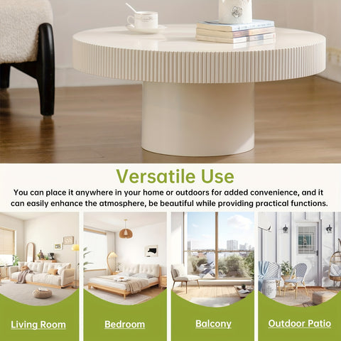 Elegant White Round Drum Coffee Table – Mid-Century Modern Design, Sturdy Circular Pedestal Base with Fluted Edges, Ideal for Living Room or Farmhouse Decor, Farmhouse Coffee Table|Minimalist Design|Sturdy Pedestal Base, Coffee Table for Living Room