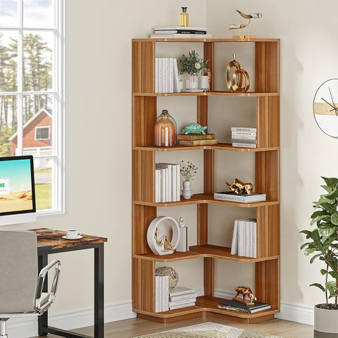 6 Tier Corner Bookshelf, 64.9 Inches Tall Industrial L Shaped Bookcase With Anti-Drop Panel, Freestanding Wood Grain Shelf Display Rack Storage Organizer For Home Office