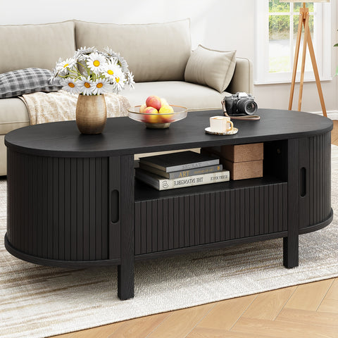 47.2 Inch Oval Coffee Table With Storage, Mid Century Modern Coffee Table With Drawer, Center Tables With Sliding Door And Wood Fluted Handle For Living Room, Walnut\u002FBlackNatural White