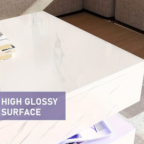 White LED Coffee Table with 2 Storage Drawers, Modern High Gloss Coffee Table w\u002F20 Colors LED Lights, 2 Tiers Rectangle Center Table for Living Room with Marbling Print, APP Control, Black