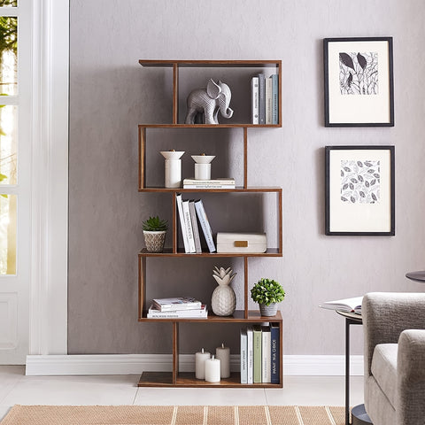 Aurorome 5-Tier Wooden Geometric S-Shaped Bookcase, Set Of 2 Storage Rack with Open Shelves, Shelving for Plant Album, Trinket Display, Spacious Storage Display Shelf - 62.5\