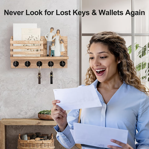 Wooden Wall Key Holder Decorative Wooden Wall Key Holder with 5 Metal Key Hooks - Paulownia Wood, Mounting Hardware and Installation Guide