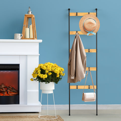 Blanket Ladder, 5 Tier Blanket Holder with 10 Removable Hooks, Farmhouse Style Blanket Ladder for Living Room Bathroom, Decorative Wall Mounted Wooden Quilt Standing Towel Drying Storage Rack